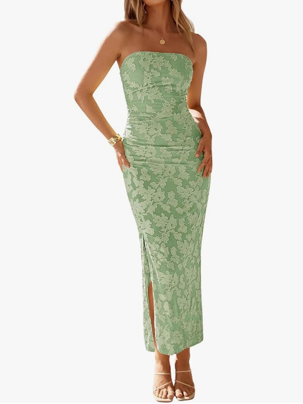 NWT Strapless Floral Lace Bodycon Maxi Dress in Light Green